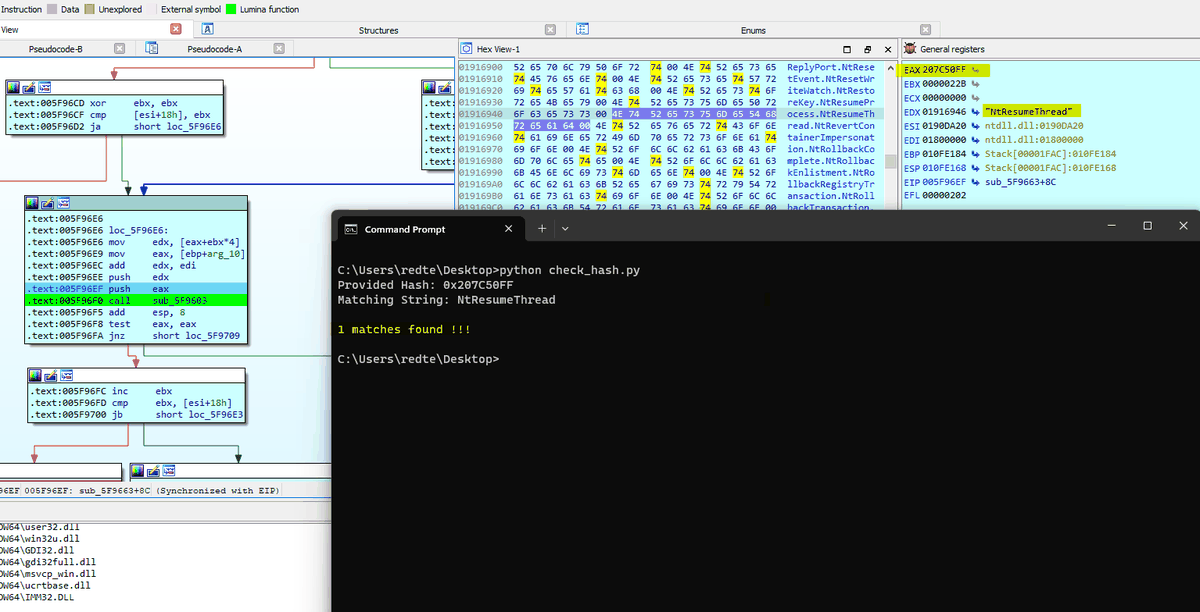 API hash resolves to NtResumeThread