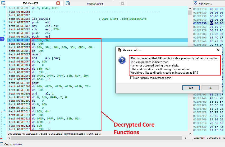 Decrypting core functions at run-time
