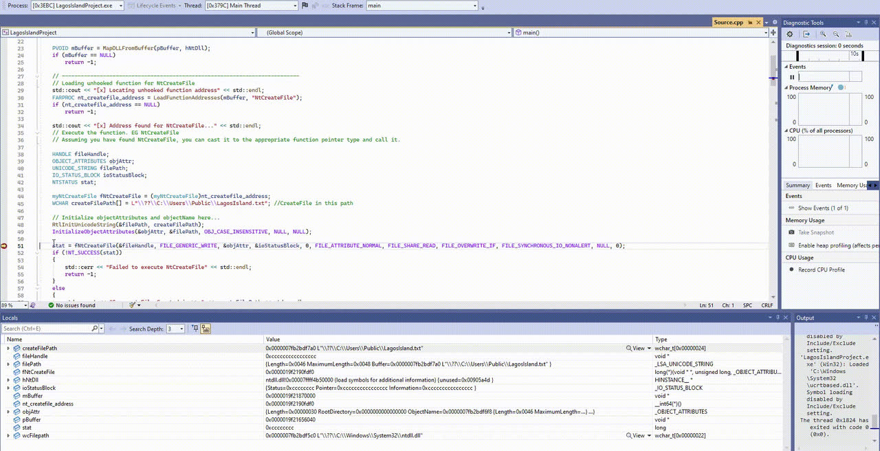 Debugging the Lagos Island ntdll unhooking PoC