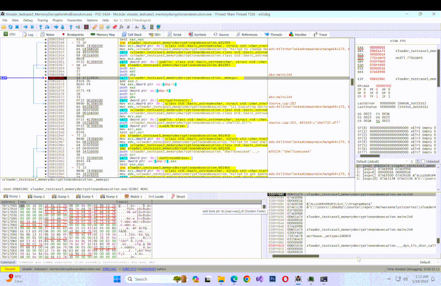 Debugger showing memcpy patching the decrypted bytes